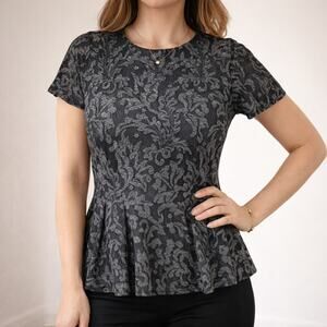 Ann Taylor Petite Small Black Jacquard Lace Pleated Blouse Top